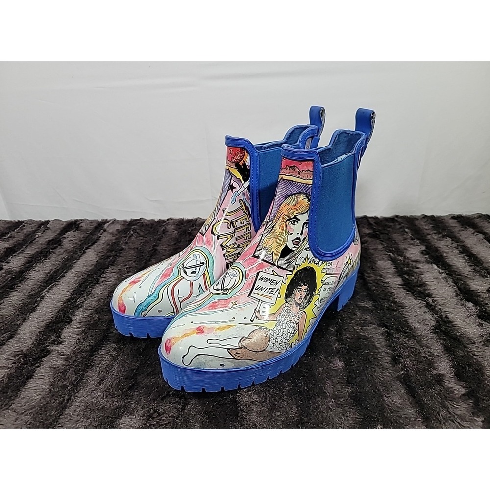 Jeffrey Campbell "Women Unite" Boots Size 8 Comic Art Elastic Ankle Blue Sole
